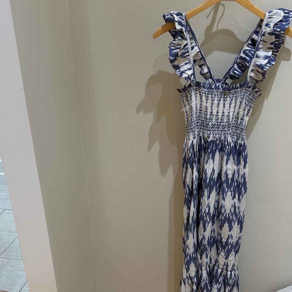 Blue Ikat Smocked Maxi Dress with Ruffle Straps